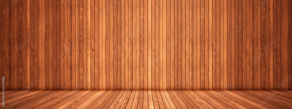 Concept or conceptual vintage or grungy brown background of natural wood or wooden old texture floor and wall as a retro pattern layout. A 3d illustration metaphor to time, material, emptiness,  age - obrazy, fototapety, plakaty 