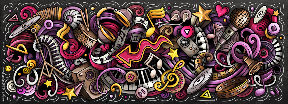 Music hand drawn cartoon doodles illustration. Colorful vector banner - obrazy, fototapety, plakaty 
