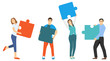 People assemble the puzzle. Collaboration, cooperation, teamwork. Vector illustration of folding a puzzle, people stand and hold puzzle pieces.