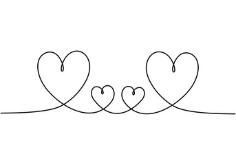 Hearts love symbol, one line drawing. Concept of family members. Metaphor of care, friendship, romance, romantic, and minimalism.