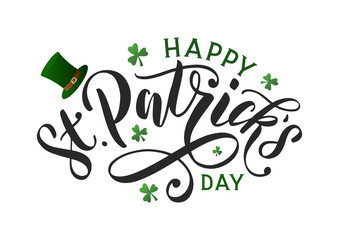saint patricks day typography poster. hand sketched lettering st. patrick day decorated by clover le