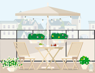 Wall Mural - White garden furniture surrounded by plants on the balcony under an umbrella overlooking the city.