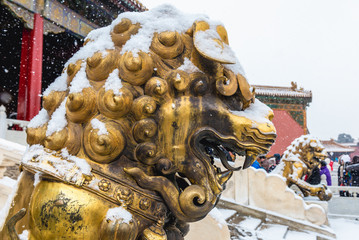 Poster - Lion statue in front of Gate of Heavenly Purity in Forbidden City, main tourist attraction in Beijing, capital city of China