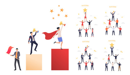 Wall Mural - team success set. business people forming pyramid and holding prize. flat vector illustrations. busi