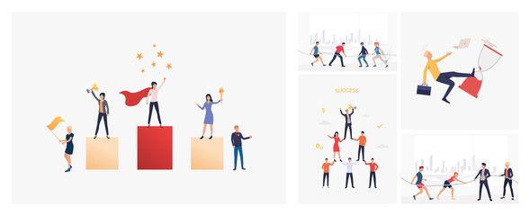 Set of people competing in tug-of-war. Flat vector illustrations of cartoon characters pulling on opposite ends of rope in city. Success concept for banner, website design or landing web page