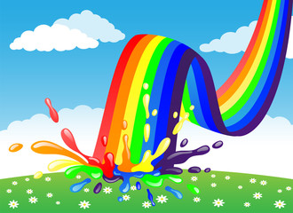 Wall Mural - Beautiful rainbow in the blue sky and color splash.