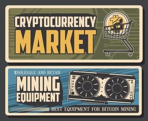 Aufkleber - Bitcoin mining equipment and cryptocurrency market vector design with crypto currency coin in shopping cart, gpu graphic card and circuit board pattern. Digital money, blockchain technology themes