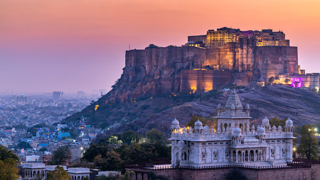 the jaswant thada and mehrangarh fort in background at sunset, the jaswant thada is a cenotaph locat