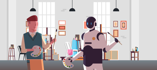 robot and human painters holding paintbrush and palette robotic character vs man standing together i