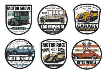 Wall Mural - Retro car and vehicle spare part vector badges of auto service, motor race, mechanic garage and vintage automobile museum. Cars with engine pistons, wrench and spanner, spark plug and racing flags