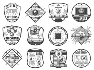 Aufkleber - Cryptocurrency vector badges with bitcoins, crypto currency coins and blockchain, digital wallet, mining pickaxe, computer and mobile phone, data cloud, key and bank card. Cryptocurrency shield icons