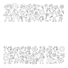 Vector Pattern With Travel And Beach Icons. Parents With Little Kids. Children Summer Vacation.