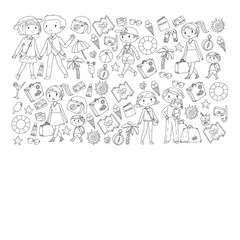  Vector pattern with travel and beach icons. Parents with little kids. Children summer vacation.