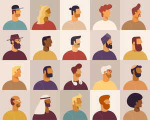 Wall Mural - Collection of profile portraits or heads of male cartoon characters. Various nationality. Blond, brunet, redhead, african american, asian, muslim, european. Set of avatars. Vector, flat design