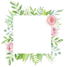 Watercolor Green Botanical Floral Frame With Gentle Pink. Square Flowers Frame
