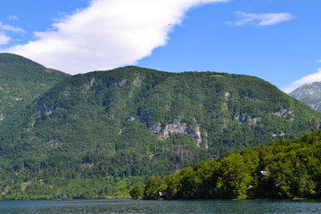 Mountain landscape, lake and mountain range – Lake Bohinj, Slovenia, Alps.