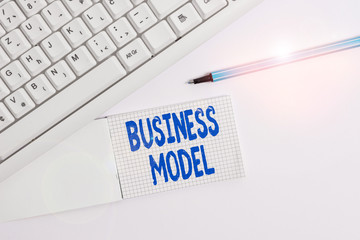 Text sign showing Business Model. Business photo text strategy that a company uses to generate revenue or profit White pc keyboard with empty note paper above white background