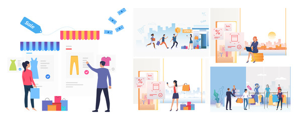 Poster - Set of people buying online. Flat vector illustrations of man and woman shopping on internet and in store. Online shopping concept for banner, website design or landing web page