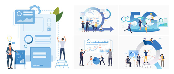 Wall Mural - set of presenting reports illustrations. flat vector illustrations of professionals presenting graph