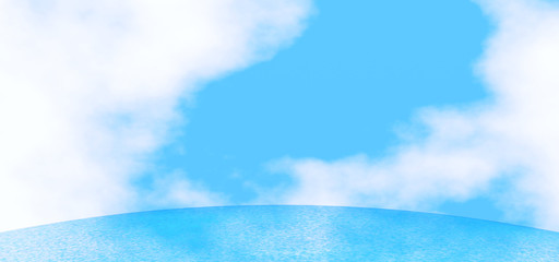 3D Rendering of widescreen endless blue ocean with reflection of blue sky and white clouds