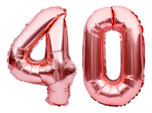 Number 40 Forty Made Of Rose Golden Inflatable Balloons Isolated On White. Helium Balloons, Pink Foil Numbers. Party Decoration, Anniversary Sign For Holidays, Celebration, Birthday, Carnival