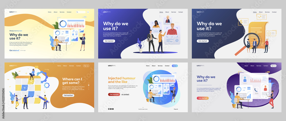 Business processes set. Managers selecting staff, presenting reports, charts, agreement. Flat vector illustrations. Management, strategy concept for banner, website design or landing web page - obrazy, fototapety, plakaty 