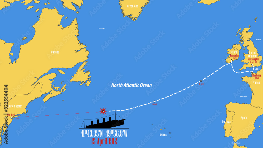 Sinking Ship Map Map showing the point where the RMS Titanic sank Stock Vector | Adobe Stock