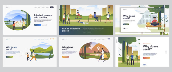 people spending weekend outdoors set. hiking, fishing, camping, leisure in city park. flat vector il