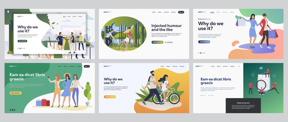 Poster - Leisure and lifestyle set. People shopping, riding bikes, cycling outdoors. Flat vector illustrations. Outdoor activity, weekend concept for banner, website design or landing web page