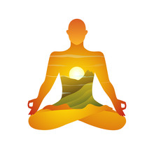 Yoga Practice Figure Silhouette In Lotus Asana In Mountains Nature Sunrise Or Sunset On White Background.