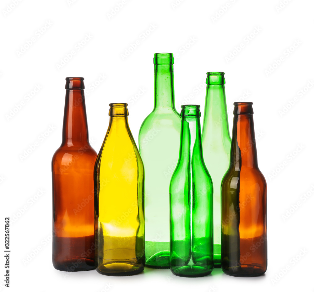 Glass bottles on white background. Recycling concept