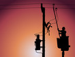 Silhouette of power lineman stand on bucket truck and closing a single phase transformer on energized high-voltage electric power lines.