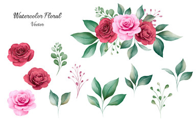 Wall Mural - Set of watercolor floral elements vector of peach and burgundy rose flowers and leaves with bouquet. Romantic botanic illustration for wedding, greeting, and valentine card design vector