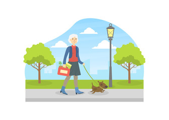 Sticker - Beautiful Senior Woman Walking with Her Dog, Elderly People Active Lifestyle Vector Illustration