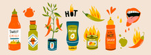 Big Set Of Hot Chilli Sauces. Red And Green Hot Chili Peppers. Various Spicy Dressings, Mayo, Salsa. Burning Hot. Different Bottles. Hand Drawn Colored Vector Illustration. All Elements Are Isolated
