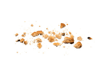 Sticker - Scattered crumbs of chocolate chip cookies isolated on white background. Sweet biscuits delicious and crunchy homemade pastry.