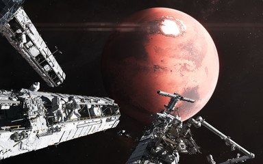Wall Mural - astronauts, space stations on the background of mars. red planet of the solar system. 3d render. sci