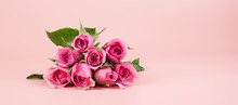Pink Rose Flower On Pink Background With Copy Space For Text. Love, International Women Day, Mother Day And Happy Valentine Day Concept