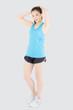 © NT_studio - Beautiful portrait young asian woman standing workout stretch muscle arm with healthy isolated on white background, asia girl wear sport clothes exercise and yoga for health, wellness concept.