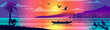 Horizontal tropical landscape with ocean, boat, birds, palm trees, rainforest, seashore and reflections in the water. Brazilian view with sunset. Panoramic banner for advertisements and postcards