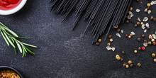 Pasta Spaghetti With Cuttlefish Ink (healthy Eating, Black Color) Menu Concept. Food Background. Top View. Copy Space