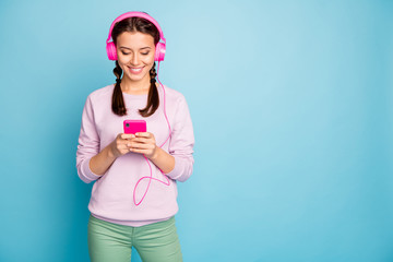 Sticker - Portrait of her she nice attractive lovely cheerful cheery glad girl listening music free time isolated over bright vivid shine vibrant blue green teal turquoise color background