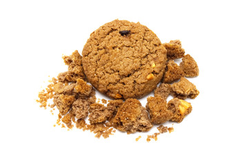 Biscuit with chocolate chip flavored. Some broken and crumbs of crunchy delicious sweet meal and useful cookie with on white background.