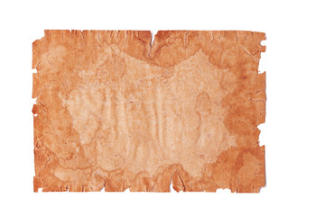 Wall Mural - Flat lay ancient medieval stained blank sheet of paper or parchment with copy space for text isolated on white background