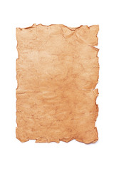 Wall Mural - Vertical oriented sheet of antique stained torn medieval paper or parchment isolated on a white background. Template for map, letter or menu.