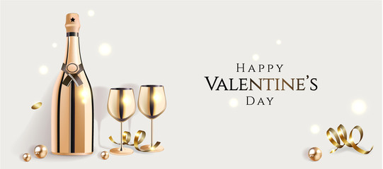 Happy Valentine's day poster with luxury golden champagne bottle and wine glasses and decorative elements, 14 February festive card, vector illustration.