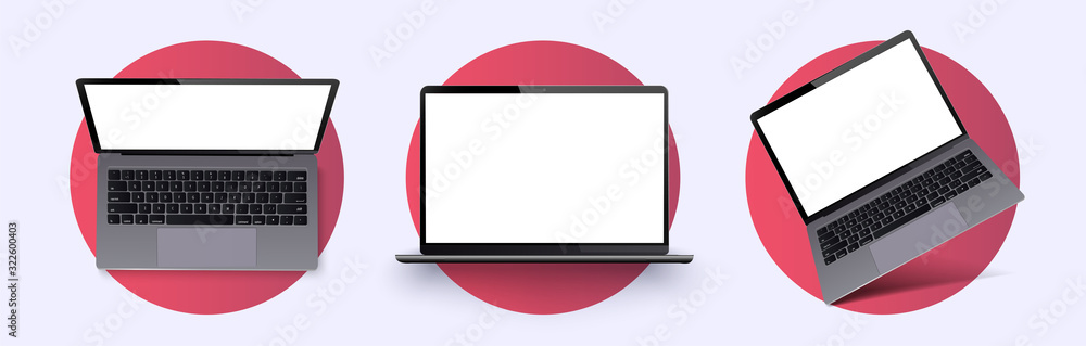 Laptop frame less blank screen. Realistic laptop in different positions, angle. Mockup generic device.  Telephone frame with blank display isolated. Realistic simple isolated 3d vector set. Mobile - obrazy, fototapety, plakaty 
