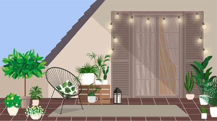 Wall Mural - A rooftop balcony with an armchair and a small mini garden.