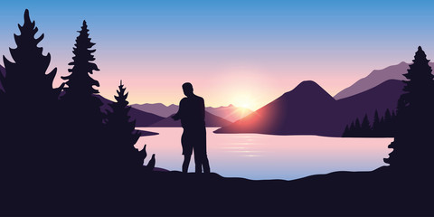 Wall Mural - young couple by the river in forest nature landscape at sunrise vector illustration EPS10