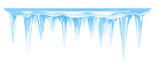 Blue Frozen Icicle Cluster Hanging Down From Snow-covered Ice Surface, Big Quality Detailed Group Of Icicles Isolated, Carefully Drop The Icicles
